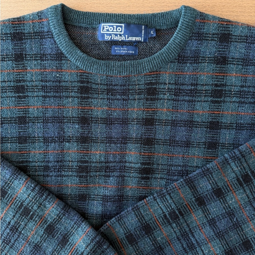 Vintage - Polo by Ralph Lauren Men's Green Plaid Crewneck Sweater